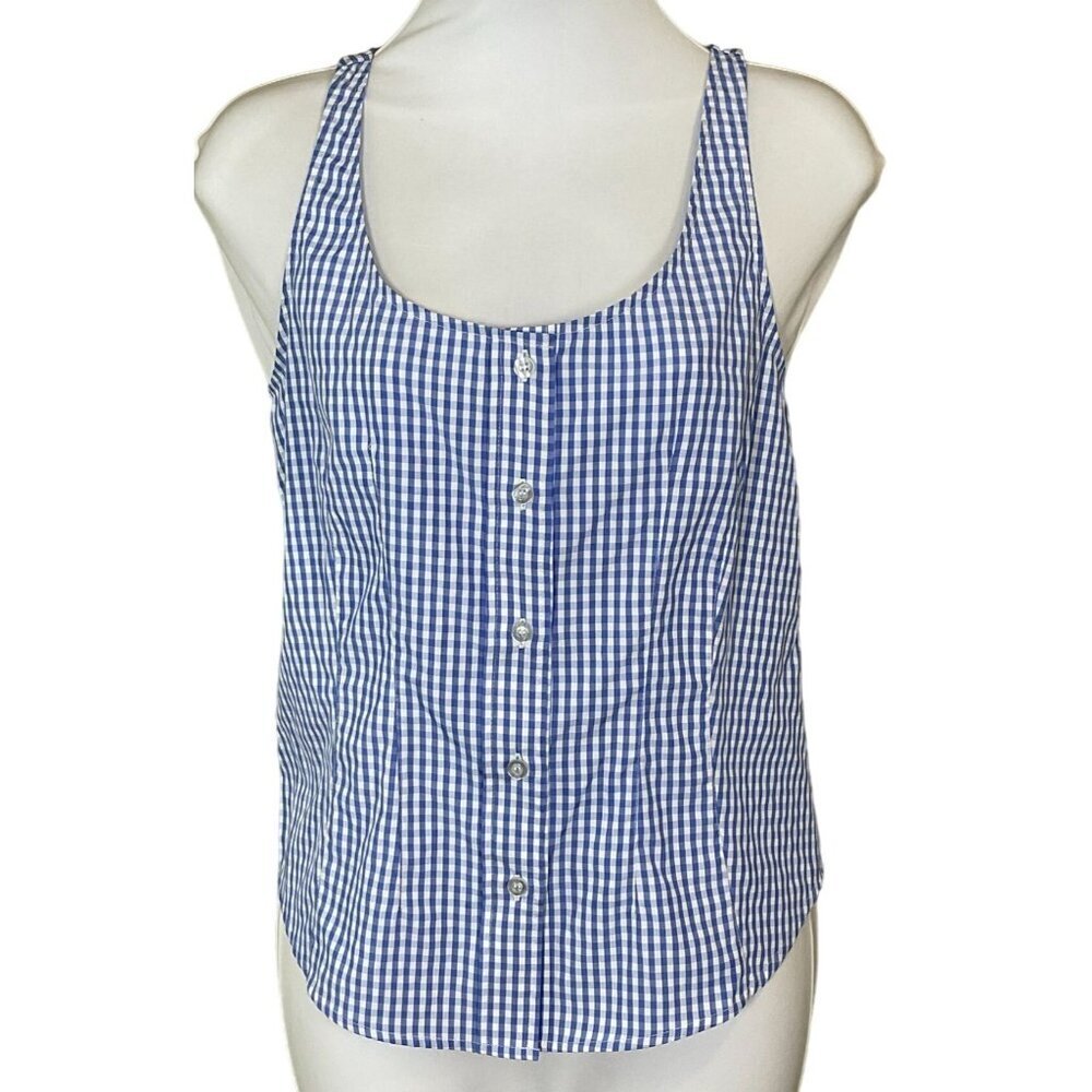 Thakoon Collective Blue & White Gingham Button-Down Sleeveless Designer Top Sz 6